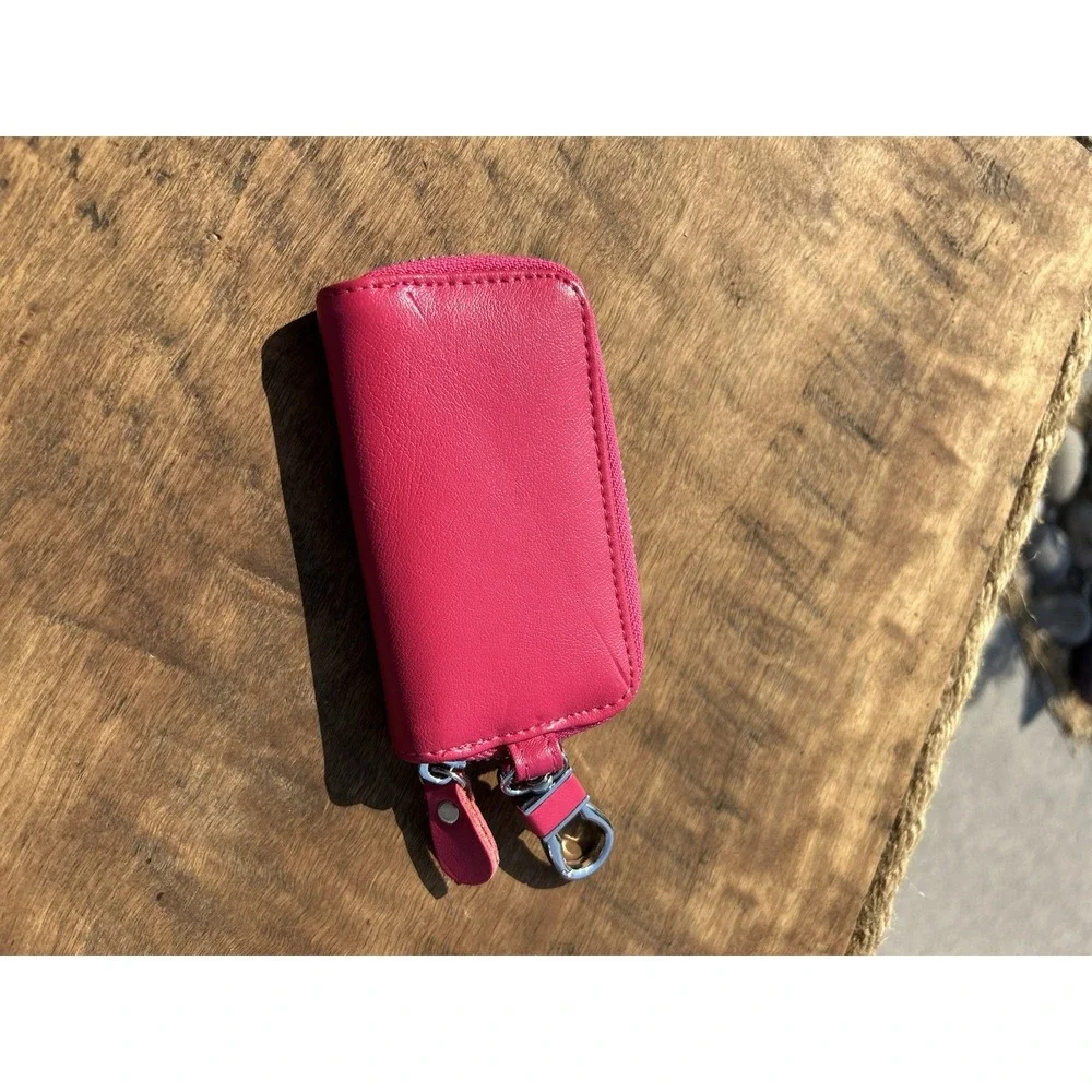 Leather Zip Around 6 Hook Key Case Key Holder Wallet Pink w/ Swivel Clip